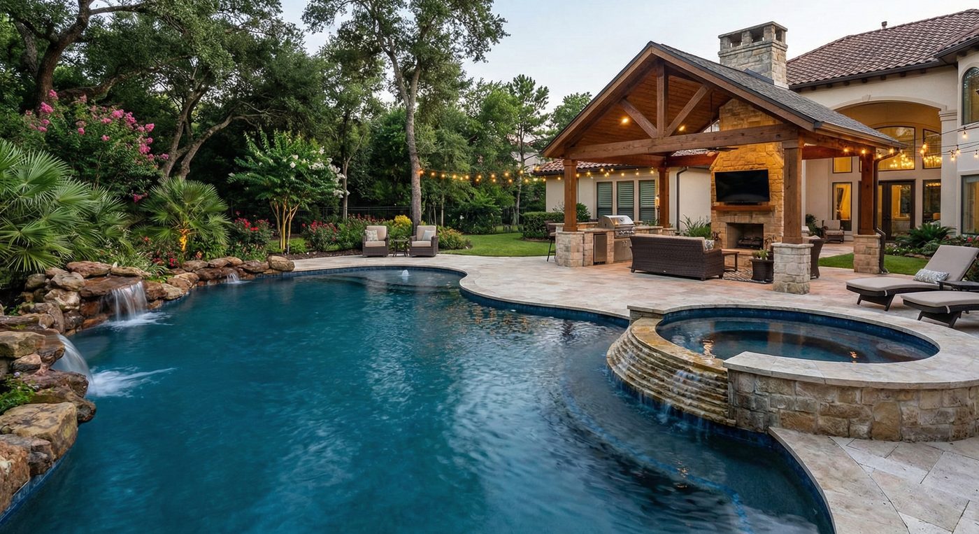 Custom pool and spa with outdoor kitchen in The Woodlands