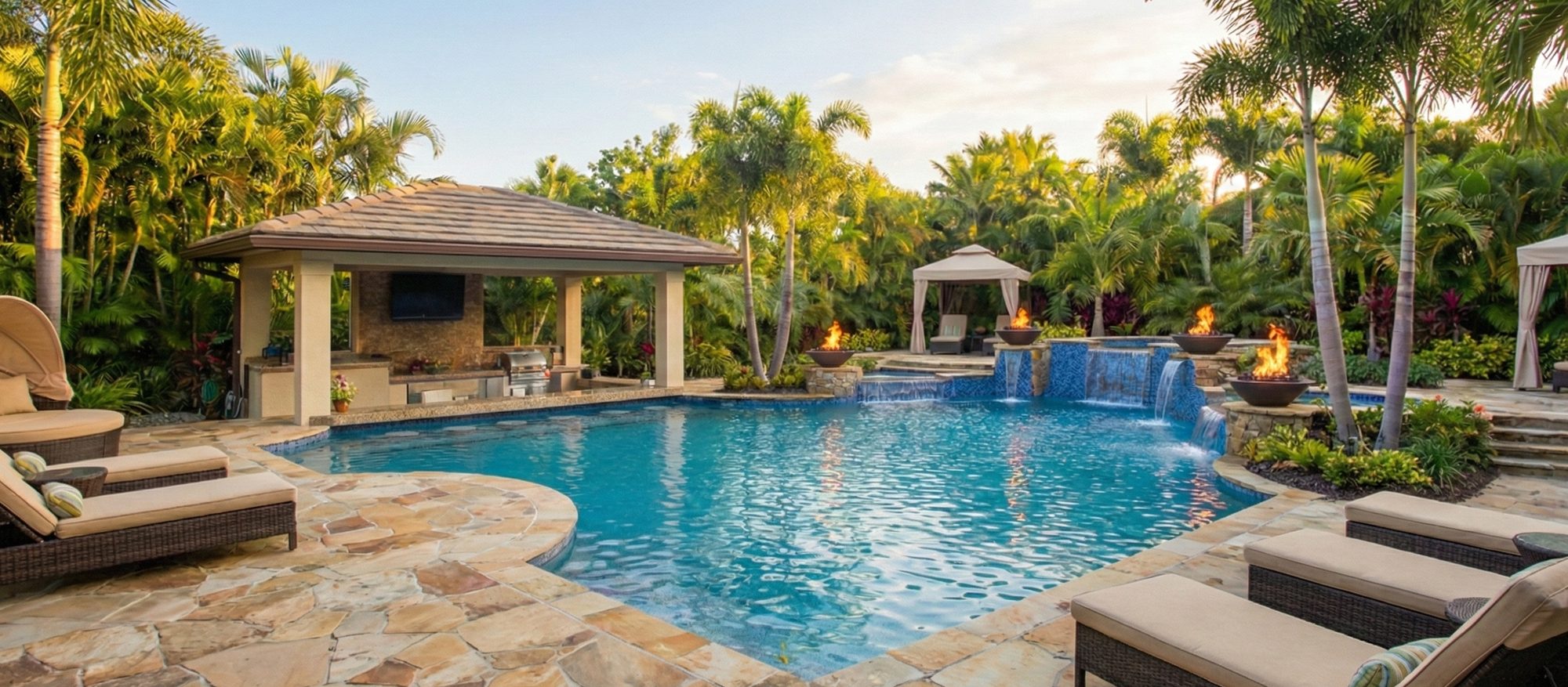 Luxury backyard pool with waterfall, spa, and outdoor kitchen in North Houston