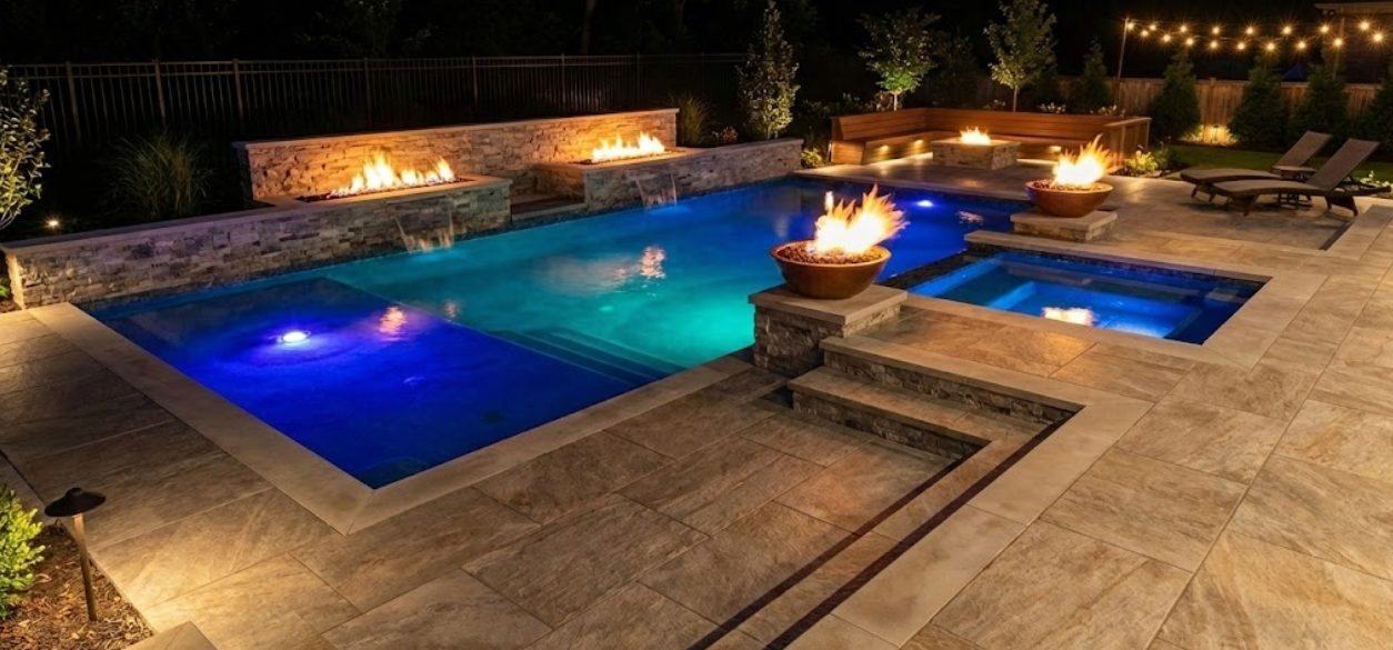 Hardscape patio with fire bowls and modern pool lighting in Conroe