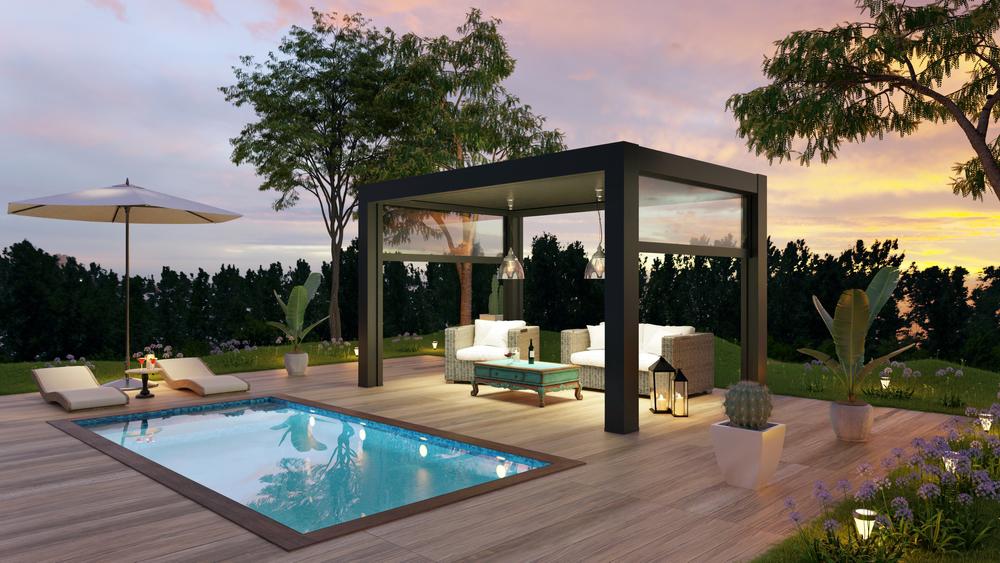 Luxury pool and cabana at dusk