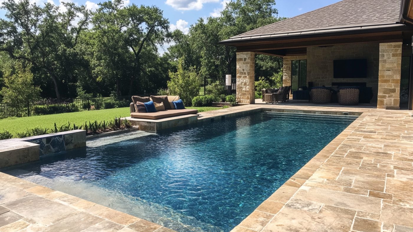 Resort-style pool lighting with spa and water features in Magnolia